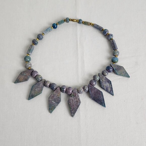 Handcrafted Artisan Beaded Necklace With Diamond Shaped Stone Pendants Purple - Picture 9 of 10